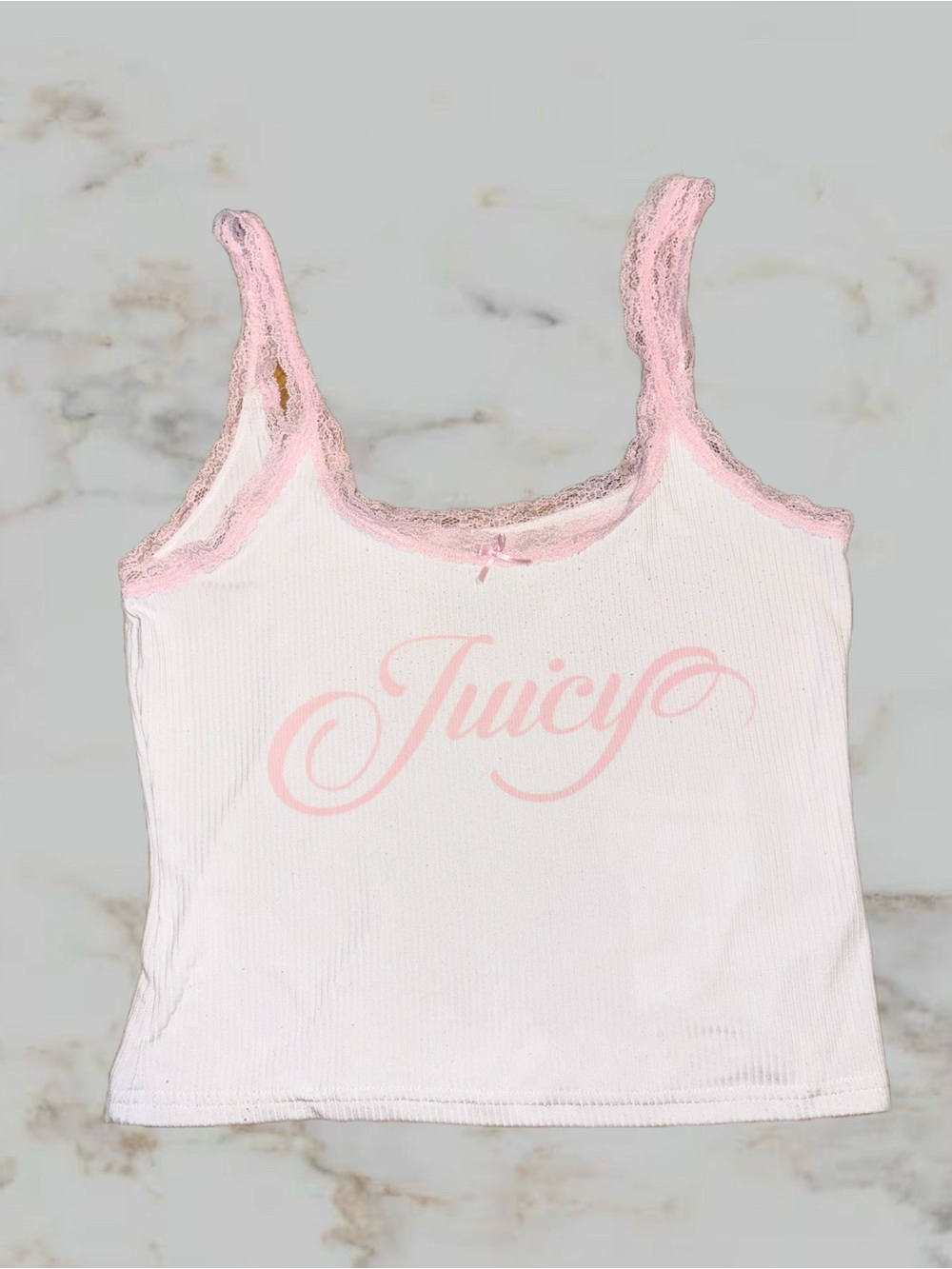 Juicy Couture Light Pink Ribbed Lace-Trim  3pc Pajama set with Robe, tank, pants